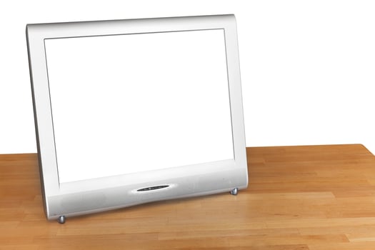 silver TV set display with cut out screen on table photo