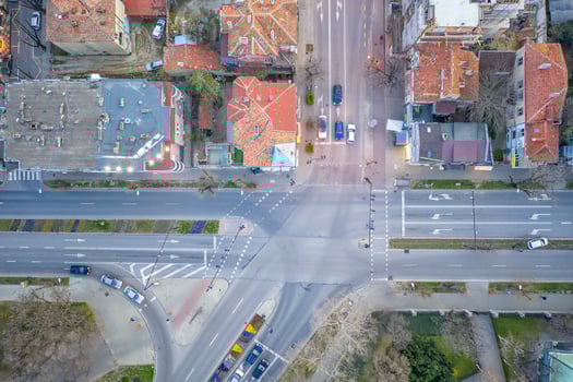 Aerial view from drone of city road junction empty of cars, top view photo