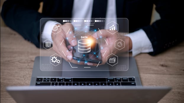 Big data and analytics visualization technology with scientist analyzing information structure on screen with machine learning to extract predictions for business, finance, internet of things photo