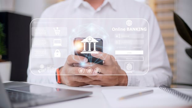 Businessman using mobile online banking and payment, Digital marketing. Finance and banking networking. Online shopping and icon customer network connection, cyber security. Business technology. photo