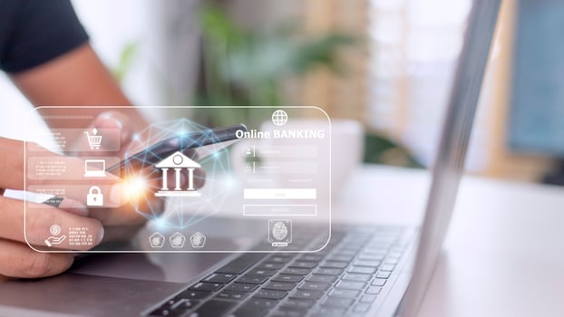 Businessman using mobile online banking and payment, Digital marketing. Finance and banking networking. Online shopping and icon customer network connection, cyber security. Business technology. photo