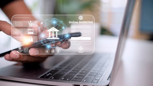 Businessman using mobile online banking and payment, Digital marketing. Finance and banking networking. Online shopping and icon customer network connection, cyber security. Business technology. photo
