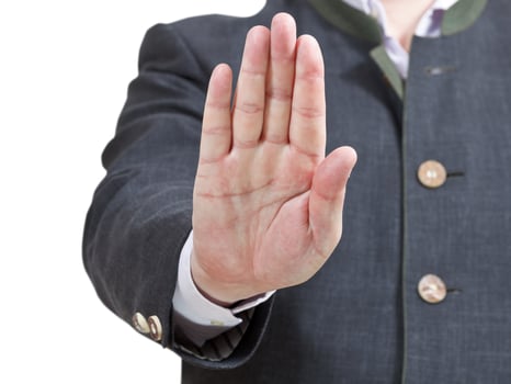 stop sign by one palm - businessman hand gesture photo