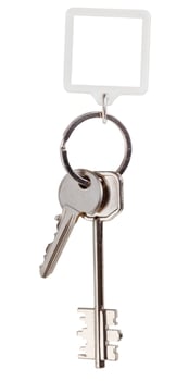 two door keys and square keychain on ring photo