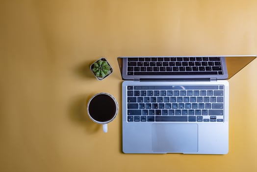 computer laptop and cactus on yellow background.Top view copy space blank. photo