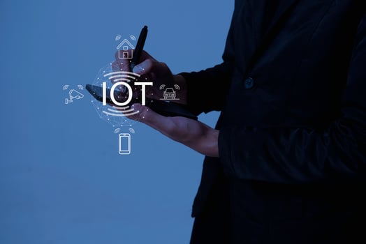 press IoT solutions with symbols connected to common IoT icons. Smart home, cars, cctv, photo