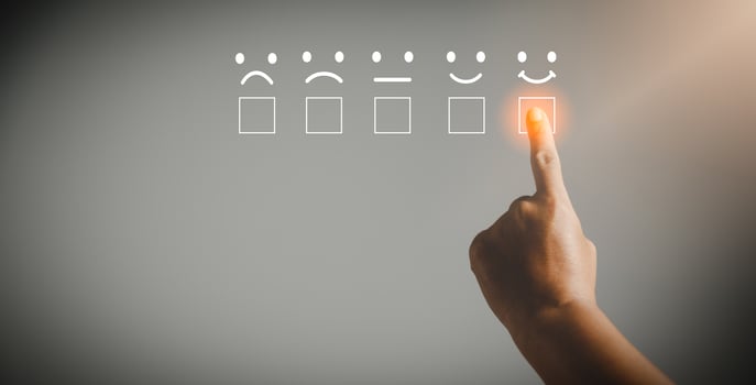 Customer service and Satisfaction concept, Business person are touching the virtual screen on happy Smiley face icon to give satisfaction in service. rating very impressed. customer service feedback. photo