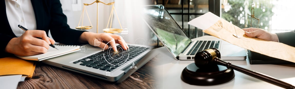 Business and lawyers discussing contract papers with brass scale on desk in office. Law, legal services, advice, justice and law concept picture with film grain effect photo