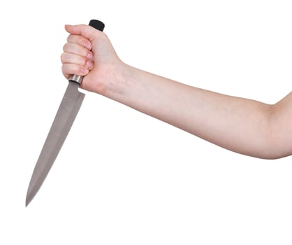 hand with kitchen knife isolated on white photo
