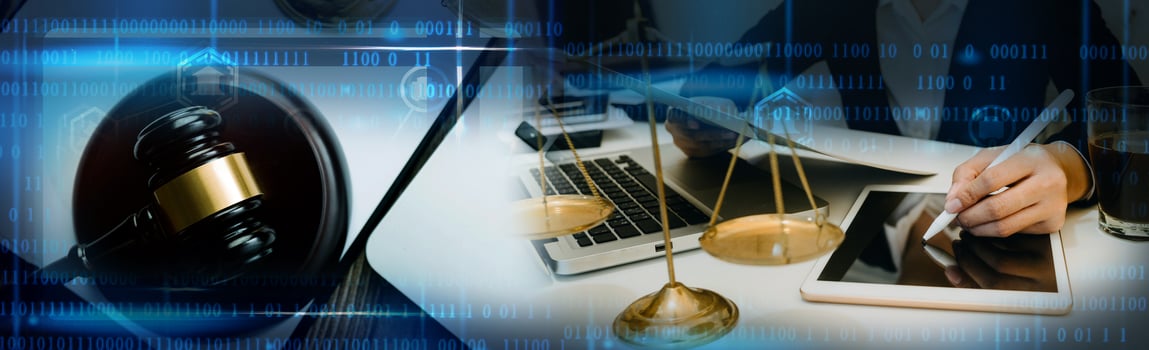 Business and lawyers discussing contract papers with brass scale on desk in office. Law, legal services, advice, justice and law concept picture with film grain effect photo