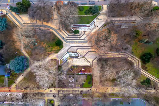 top view from drone of city park walkways and trees. Architecture element photo