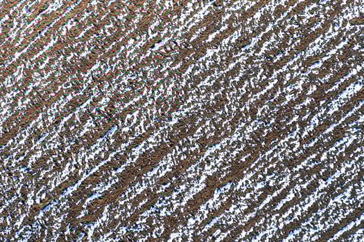 The plowed field in winter. Fields covered with snow. View from the top. photo