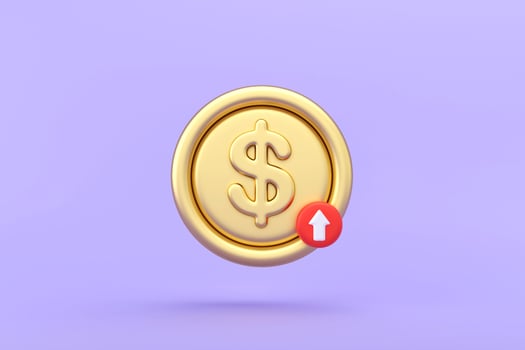 3D money coin saving wtith red arrow pointing up on pastel purple background. bundles cash and floating coins exchange with finance business concept, Gold metal money icon.3d rendering. photo