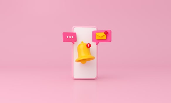 Smartphone, notification message bell, icon alert and alarm mail on minimal pink background. photo