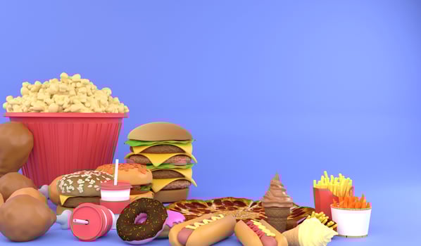 3D rendering closeup group of junk food. 3D illustration fast food concept and copy space photo