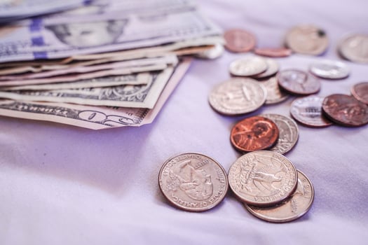 Money from america. Notes of Real, USA Dollars currency. Concept of economy, inflation and business. Full frame with money banknotes and Coin the foreground. photo