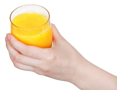 glass with orange juice in hand isolated photo
