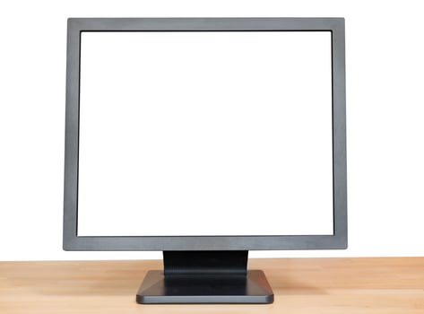 black display with cutout screen on wood table photo