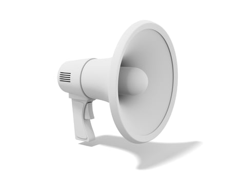 White megaphone on white background. Sound amplification device. 3d rendering. photo