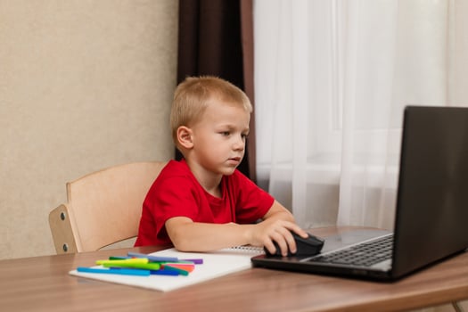 Online distance learning. The child looks carefully at the laptop and studies the drawing lesson online on the Internet. Online school. photo