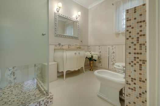 toilet and detail of a corner shower cabin with wall mount shower attachment photo