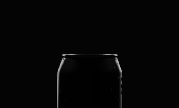 Close up top of Cola or Beer can container in the dark with studio lighting and condensate water droplet on aluminum surface. Food drink and beverage concept. 3D illustration rendering photo