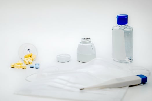 Novel coronavirus 2019-nCoV, MERS-Cov middle East respiratory syndrome. Protective medical mask and medicines, pills against the virus. Wuhan pneumonia virus, Dangerous Chinese Novel virus COVID-19, photo