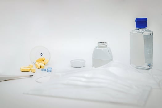 Novel coronavirus 2019-nCoV, MERS-Cov middle East respiratory syndrome. Protective medical mask and medicines, pills against the virus. Wuhan pneumonia virus, Dangerous Chinese Novel virus COVID-19, photo