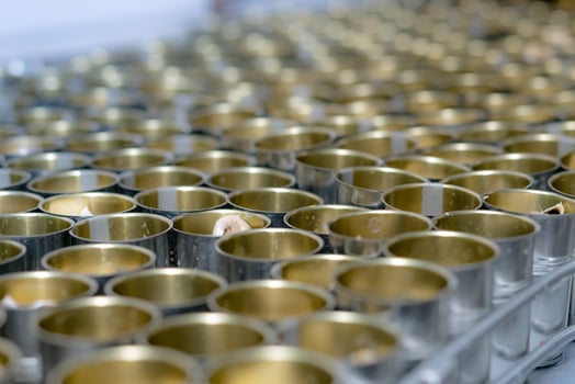 Canned fish factory. Food industry.  Many can of sardines on a conveyor belt. Sardines in red tomato sauce in tinned cans at food factory. Food processing production line. Food manufacturing industry. photo