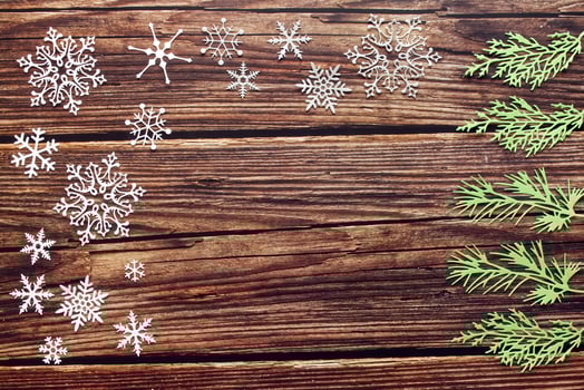 Snow wooden background. Background with snowflake, Christmas celebration concept. photo