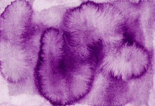 Watercolor purple stains on white paper background. Hand painted photo