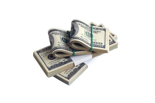 Bundle of US dollar bills isolated on white. Pack of american money with high resolution on perfect white background photo