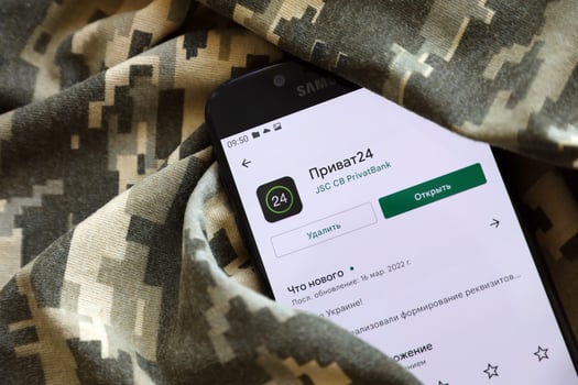 TERNOPIL, UKRAINE - APRIL 24, 2022 Privatbank banking app on smartphone screen. Privatbank is important commercial bank in Ukraine photo