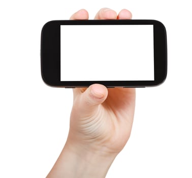 hand holds touchscreen phone isolated photo