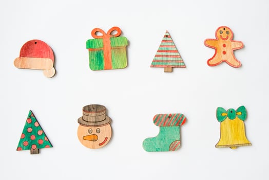 Handpainted christmas symbols with white background, christmas tree, snowman, sock, christmas cookie photo