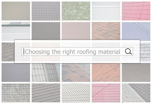 Visualization of the search bar on the background of a collage of many pictures with fragments of various types of roofing close up. Choosing the right roofing material photo