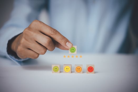 Customer service evaluation concept.  Businessman pressing happy icon, Customer service evaluation concept. photo