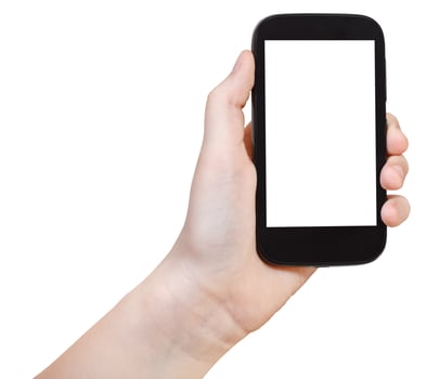 girl holding smart phone with cut out screen photo