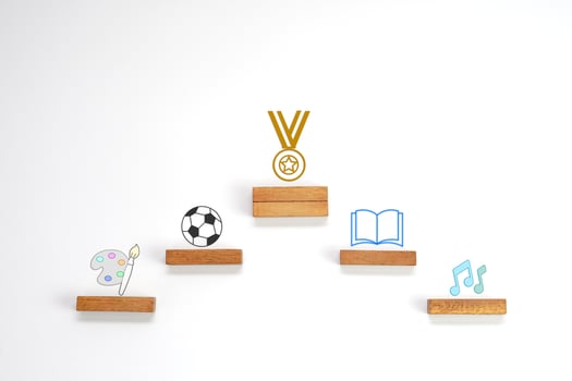 Wooden steps about school age activities on white background. Conceptual image of success, victory and development. photo