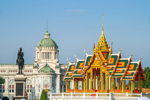Royal Plaza, or Dusit Palace Plaza, with Ananta Samakhom Throne Hall and Equestrian statue of King Chulalongkorn, in Aun Ai Rak Khlai Khwam Nao winter fair, Bangkok, Thailand photo