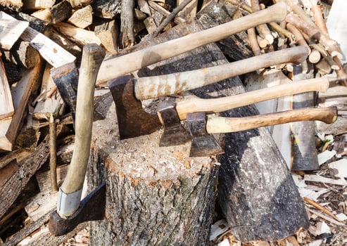 many different axes in wooden deck photo
