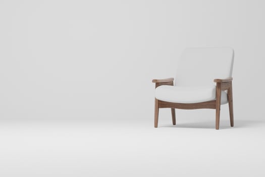 Vintage wooden armchair with white upholstery 3d render mockup. photo