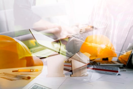 Scene of industrial engineers discussion, Construction architect with huge industry as a background, Concept of engineer project planning, professional teamwork. Selective focused. photo
