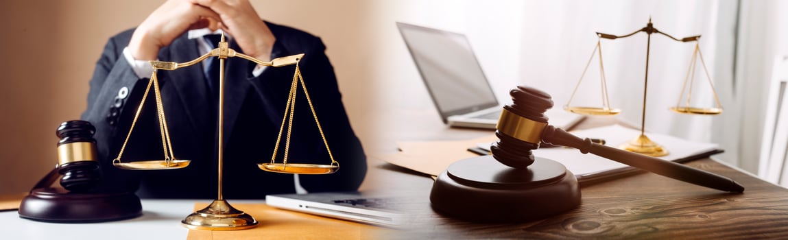 justice and law concept.Male judge in a courtroom on wooden table and Counselor or Male lawyer working in office. Legal law, advice and justice concept. photo