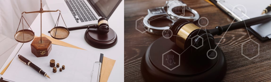 Business and lawyers discussing contract papers with brass scale on desk in office. Law, legal services, advice, justice and law concept picture with film grain effect photo