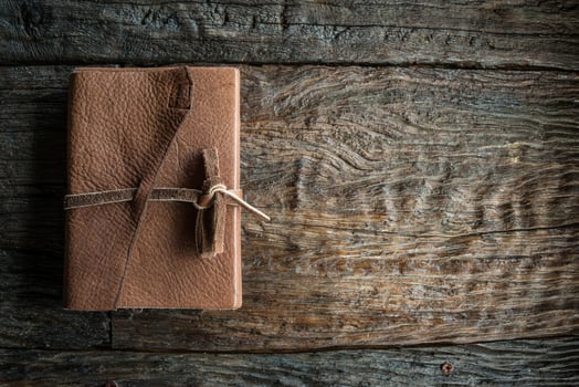 The leather book on the wood table. photo