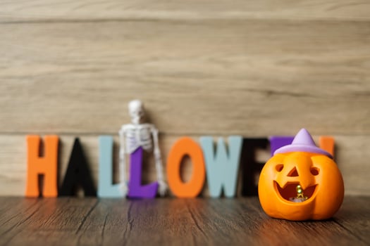 Happy Halloween day with ghost, pumpkin,  bowl and decorative. Trick or Threat, Hello October, fall autumn, Festive, party and holiday concept photo