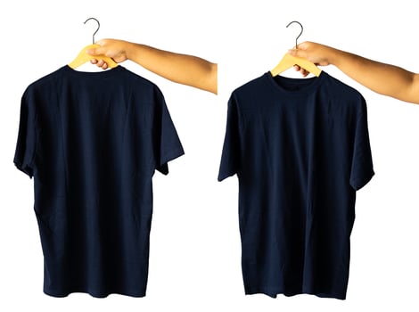 hand holding hanger plain t-shirts for mockup design. blank t-shirts from the front and back view isolated background photo