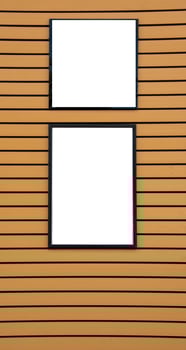 white billboard  vertical blank  On a brown wooden floor concept. Product banner design template. photo