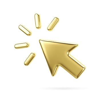 Gold volumetric web arrow. Mouse cursor for website. 3d cursor for web design. Corrector of right direction to goal. 3d rendering photo